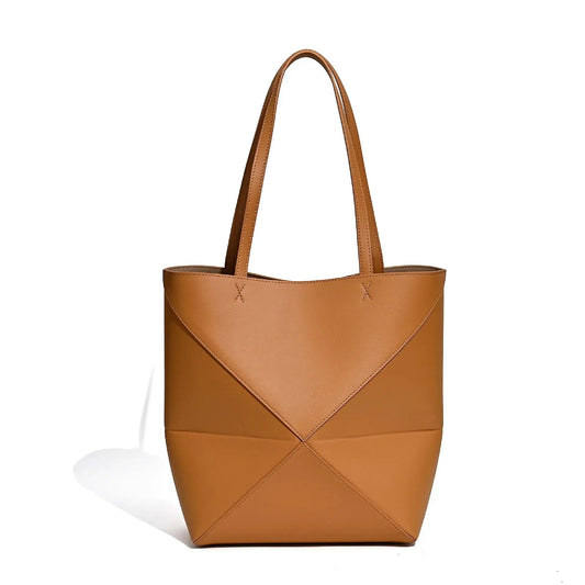 Brown tote bag with geometric design on a white background